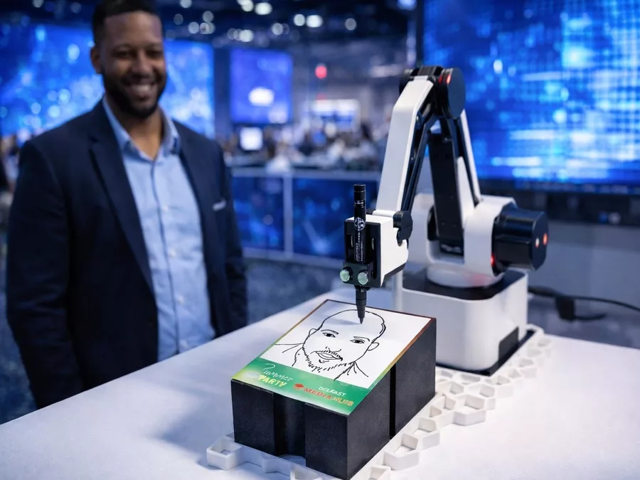 AI sketch robot drawing a personalized branded portrait for an event guest